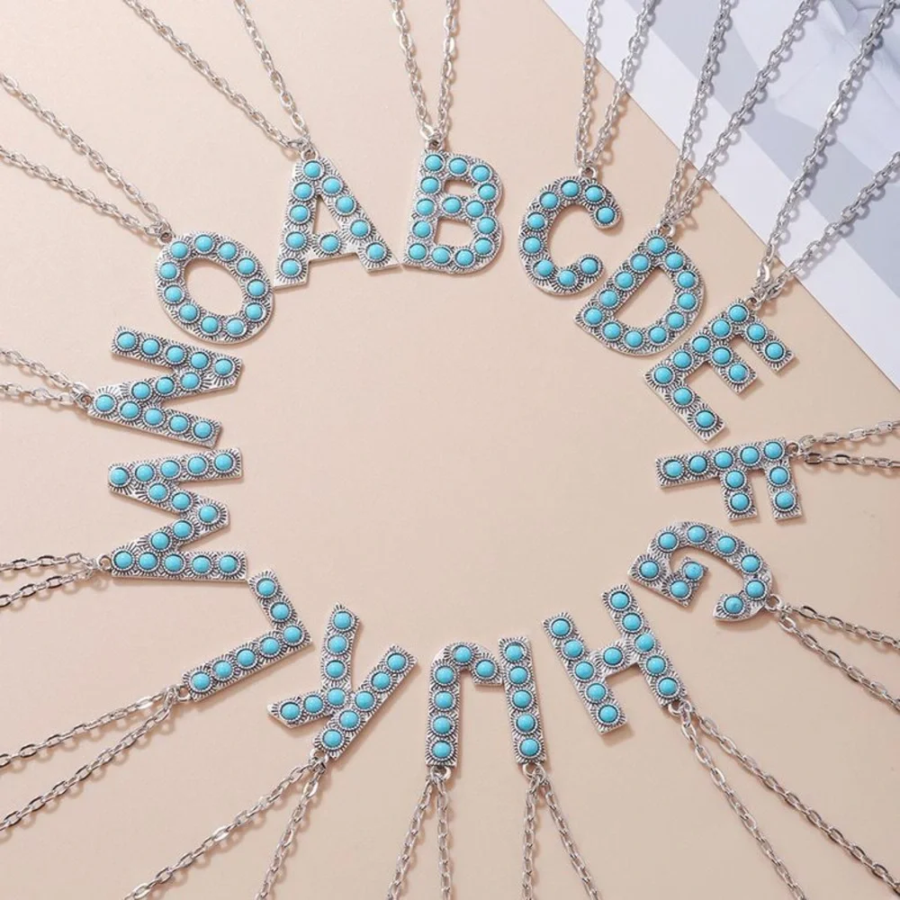 Alphabet Letter Name Initial Western Turquoise Faux Stone Silver Boho Necklace - Picture 10 of 11